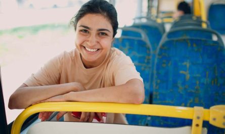 Woman ride in public transport bus